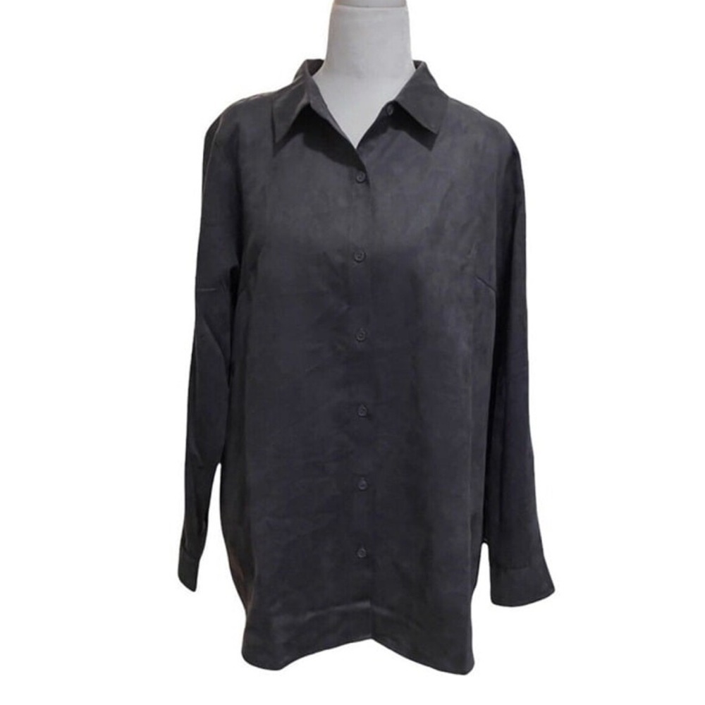 Joan Rivers Gray Soft Faux Suede Button Up Blouse Long Sleeve Top